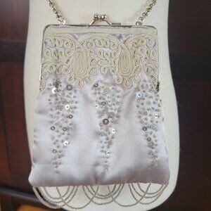 Gunne Sax Silver Satin Embellished Evening Bag Vintage Glam